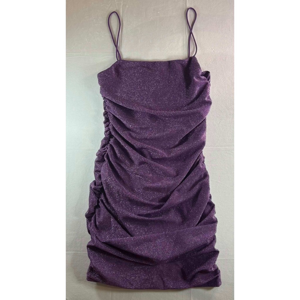 SHEIN BAE Purple Glitter Ruched Bodycon Mini Dress Womens Small Sparkly Party